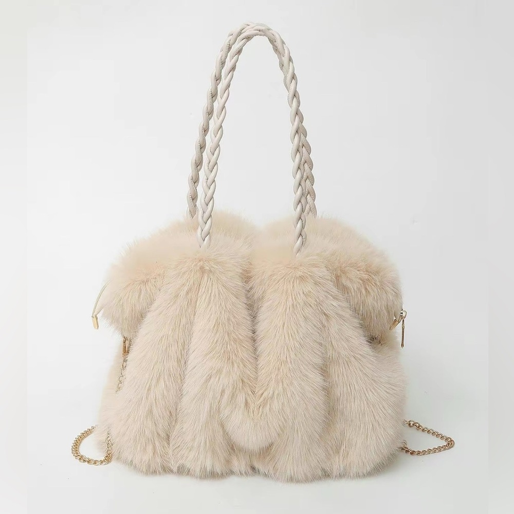 Boutique Plush Faux Fur Winter White Tote Shoulder Bag Crossbody Tote Brown NWT - Picture 2 of 7